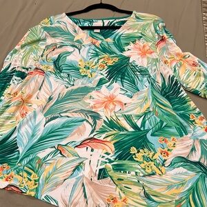 Chico’s size 3, tropical T-shirt with asymmetrical hem, beautiful colors